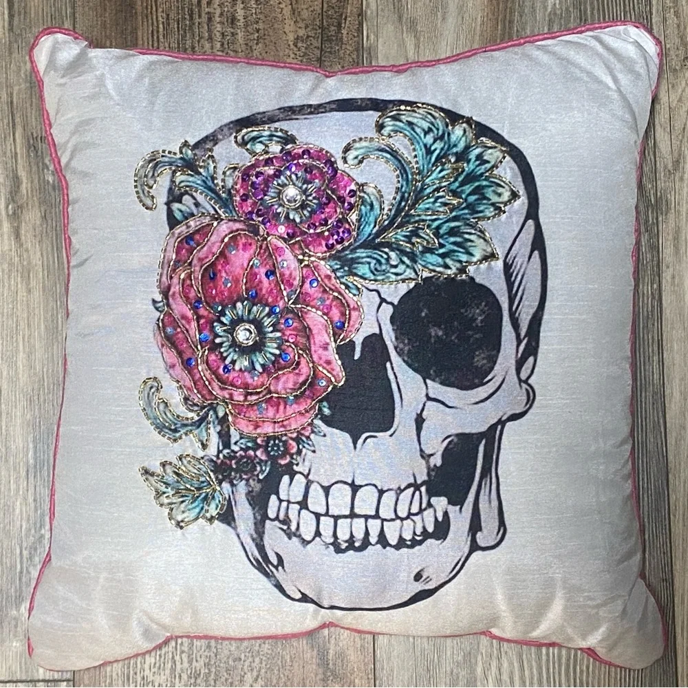 Embroidered and Bead Embellished Skull Decorative Pillow with Floral Design